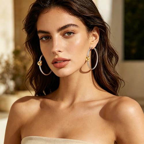 Large Gold Knot Hoop Earrings for Women 18K Gold Hoop Earrings Statement Lightweight Hoops Trendy Gold Hoops Earrings Jewelry - color: B-Big Hoop Earrings-Silver 02