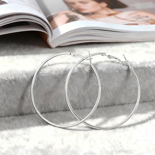 1 Pairs 60/70mm Silver 14K Gold Rose Gold Hoop Earrings for Women Hypoallergenic Stainless Steel Lightweight Big Hoops Shiny Dangle Earrings Trendy Jewelry Gifts - color: 70mm-Silver Hoop Earrings
