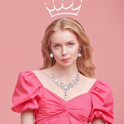 Hicarer Bridal Teardrop Cluster Crystal Jewelry Set for Women Necklace Earrings Wedding - color: Pink