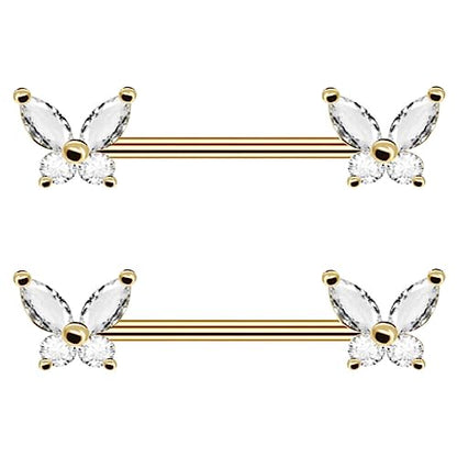 316L Stainless Steel Nipple Rings, Surgical Steel Nipple Bars, 14G Nipple Piercing Barbell, Sparkle Cubic Zircons CZ, Nipple Piercing Jewelry - color: Butterfly Gold CZ