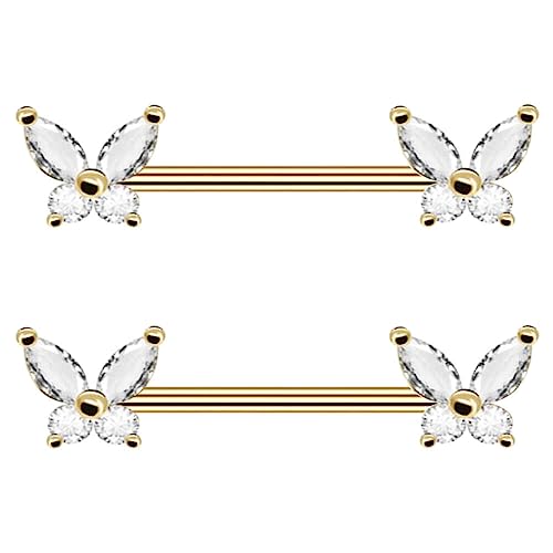 316L Stainless Steel Nipple Rings, Surgical Steel Nipple Bars, 14G Nipple Piercing Barbell, Sparkle Cubic Zircons CZ, Nipple Piercing Jewelry - color: Butterfly Gold CZ