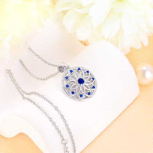 Sterling Silver Flower Necklace for Women, Sparkly Blue Cubic Zirconia Pendant Necklace, Hypoallergenic, Adjustable, Elegant Floral Jewelry Gifts for Wife Mother
