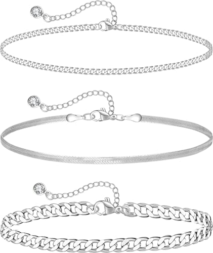 Plus Size Ankle Bracelets for Women - Extra Large 10"+2" Adjustable Anklet 14K Real Gold Plated Anklet Cuban Link, Figaro, Rope, Snake Herringbone - Summer Beach Waterproof Foot Jewelry - color: Curb, Chunky Curb,Snake Silver