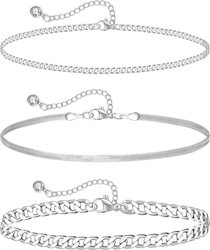 Plus Size Ankle Bracelets for Women - Extra Large 10"+2" Adjustable Anklet 14K Real Gold Plated Anklet Cuban Link, Figaro, Rope, Snake Herringbone - Summer Beach Waterproof Foot Jewelry - color: Curb, Chunky Curb,Snake Silver