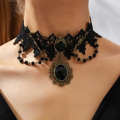 Olbye Black Choker Necklace for Women Gothic Lace Chokers Collar Statement Rhinestone Goth Costume Accessories Halloween Necklace Jewelry - color: Black C