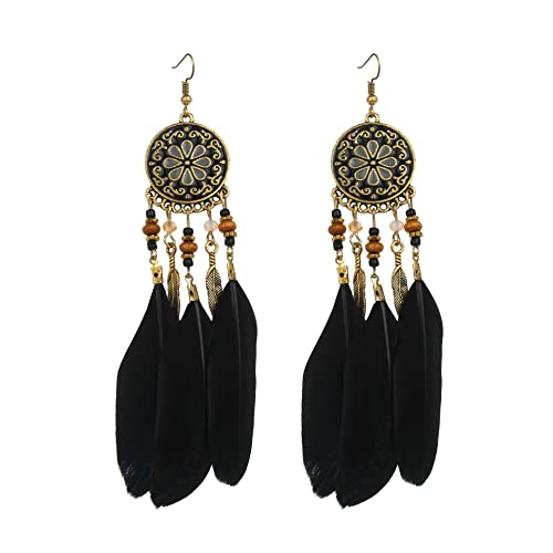 Dreuyet Boho Long Feather Drop Dangle Earrings for Women Retro Bohemian Ethnic Fringe Multicolor Tassel Feather Earring Handmade Statement Dream Catcher Earrings Jewelry - color: Black Round Flower
