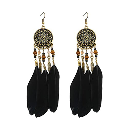 Dreuyet Boho Long Feather Drop Dangle Earrings for Women Retro Bohemian Ethnic Fringe Multicolor Tassel Feather Earring Handmade Statement Dream Catcher Earrings Jewelry - color: Black Round Flower