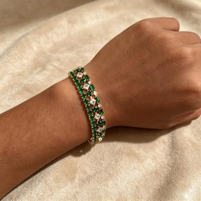 3Pcs Women Stackable 14K Gold Plated Tennis Bracelet with Colorful CZ | Dainty Classic Everyday Jewelry 14K Gold Plated Colorful Cubic Zirconia Tennis Bracelet Created Diamond for Wedding 7 inches - color: gold green