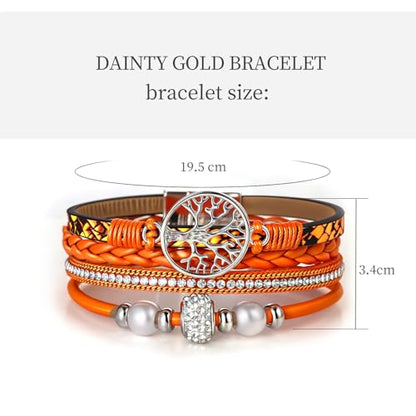 hotoo Leather Wrap Bracelets for Women Tree of Life Cuff Bracelets Pearl Rhinestone Bead Multi-Layer Bracelets Bohemian Jewelry Gift for Women - color: Orange