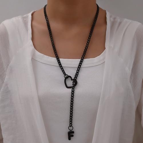 sroyte Black Heart Slip Chain Initial Necklaces for Women,Stainless Steel O-Ring Adjustable Lariat Heart Y-Necklace,Punk Gothic Cuban Collar Choker Necklace for women - color: Black F