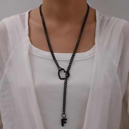 sroyte Black Heart Slip Chain Initial Necklaces for Women,Stainless Steel O-Ring Adjustable Lariat Heart Y-Necklace,Punk Gothic Cuban Collar Choker Necklace for women - color: Black F