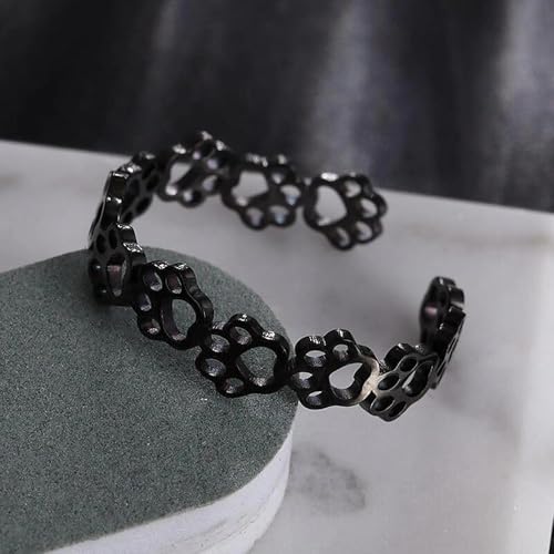 Fashionable and Cute Hollow Cat Claw Footprint Stainless Steel Open Ring Female Creative Couple Ring Animal Jewelry - color: black