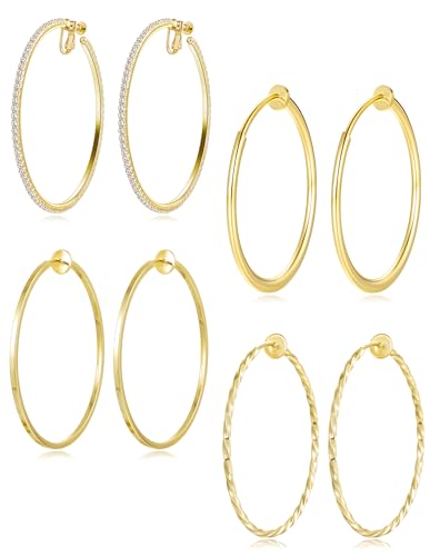 4 Pairs Clip on Hoop Earrings for Women CZ Twist Fake Hoop Earring Sets Spring Hoops for Non Pierced Ears Gold Tone 30/40/50/60/70mm - size: 60/70mm