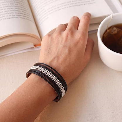 Edoneery Leather Wrap Bracelets for Women, Boho Layered Cuff Bangle | Multi-layer Leather Cuff, Daily wear, Stackable Bangle, Easy on-off, Western Jewelry Gifts for Women - color: Black-1