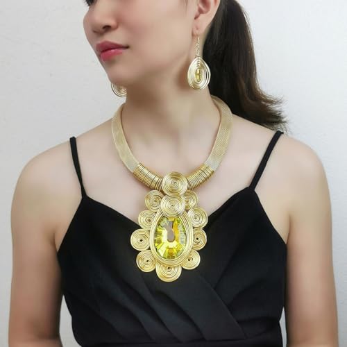 African Jewelry Sets Statement Big Crystal Pendent Necklace Earrings Set For Women Handmade Bib Collar Costume Tribal Fashion Accessories - color: KDLUN5305 Gold