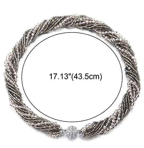 COOLSTEELANDBEYOND Multi-Layer Beads Crystal Braided Chain Choker Collar Magnetic Clasp,Statement Necklace, Bracelet - color: R-Necklace Grey Color