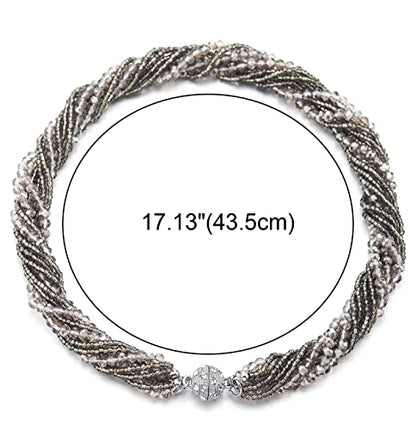 COOLSTEELANDBEYOND Multi-Layer Beads Crystal Braided Chain Choker Collar Magnetic Clasp,Statement Necklace, Bracelet - color: R-Necklace Grey Color