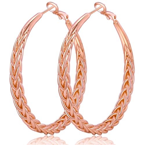 Senteria 925 Sterling Silver Post Twisted Hoop Earrings for Women 30-50MM | Hypoallergenic Large Silver Hoop Earrings for Women,Lightweight Thick Weave Braid Hoops,Nickel Lead-Free for Sensitive Ears - color: 40MM Rose Gold