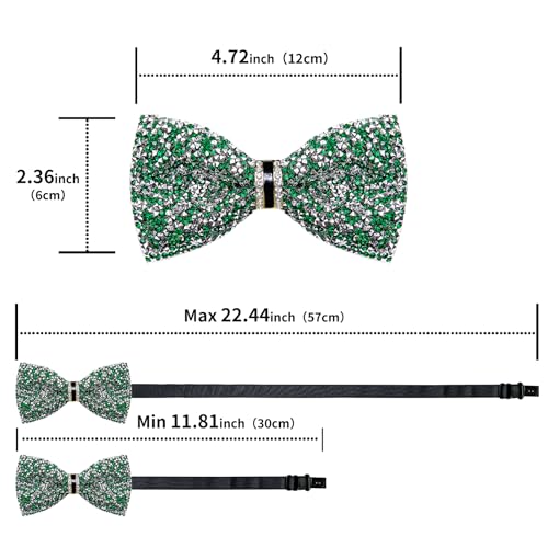 DiBanGu Mens Rhinestone Bow Tie with Ring and Lapel Pin Set | Adjustable Strap,Pre-tied Style,3PCS,Sequin Diamond Bowties，Solid/Mix Color,Shiny Accessory,for Party Prom Banquet Wedding - color: Green and Silver