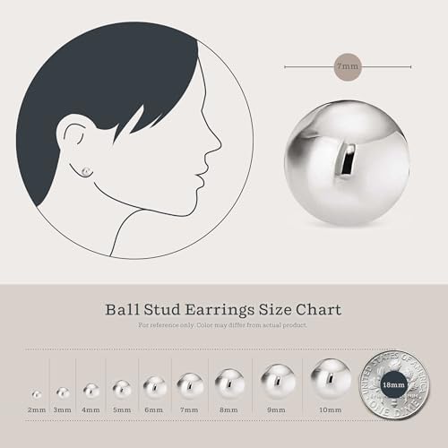 KEZEF 925 Sterling Silver Ball Stud Earrings for Women, 2mm to 10mm | Nine Bead Sizes, Three Finishes, Hypoallergenic Nickel Free Post, Butterfly Push Back, Sold As One Pair - color: Sterling Silver, size: 7mm