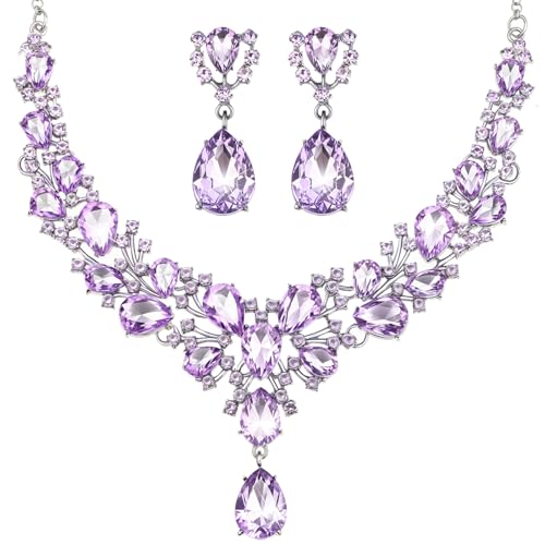Hicarer Bridal Teardrop Cluster Crystal Jewelry Set for Women Necklace Earrings Wedding - color: Light Purple