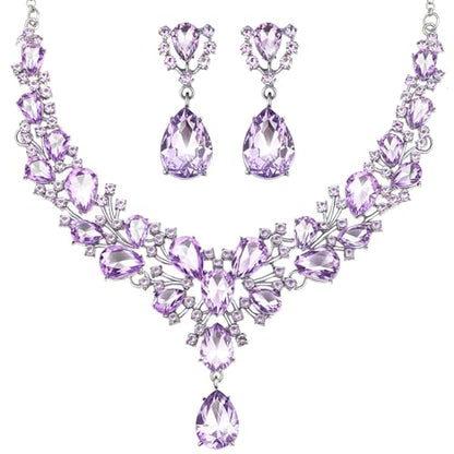 Hicarer Bridal Teardrop Cluster Crystal Jewelry Set for Women Necklace Earrings Wedding - color: Light Purple