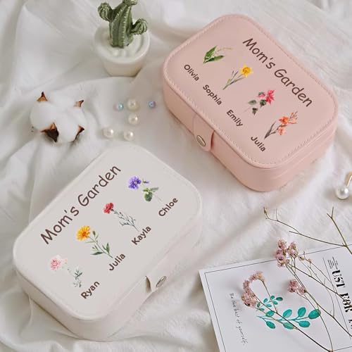 Personalized Jewelry Box Gifts for Women Custom Travel Jewelry Case Organization Leather Customized Birthday Anniversary Bridesmaid Gifts - color: 007-Pink/White-Flower