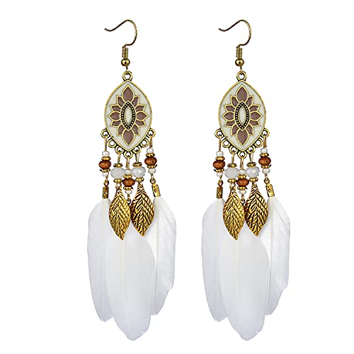 Dreuyet Boho Long Feather Drop Dangle Earrings for Women Retro Bohemian Ethnic Fringe Multicolor Tassel Feather Earring Handmade Statement Dream Catcher Earrings Jewelry - color: White Oval