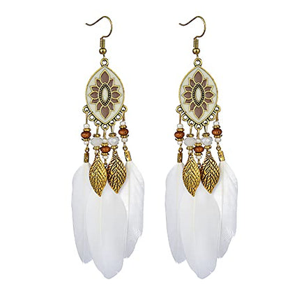 Dreuyet Boho Long Feather Drop Dangle Earrings for Women Retro Bohemian Ethnic Fringe Multicolor Tassel Feather Earring Handmade Statement Dream Catcher Earrings Jewelry - color: White Oval