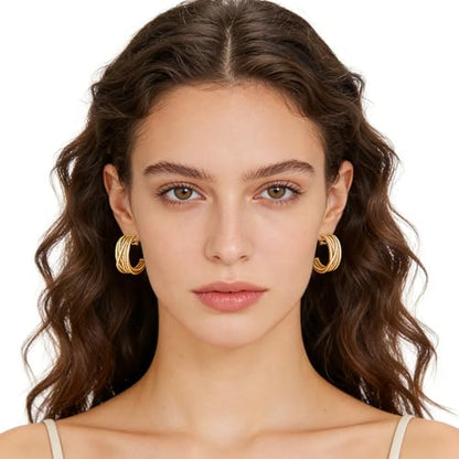 Clip on Earrings for Women Silver and Gold Plated Twisted Rope Hoops Non Pierced C Hoop Earring Lightweight Two Tone Clips Mixed Metal Jewelry Gifts - color: Wide Hoop-gold