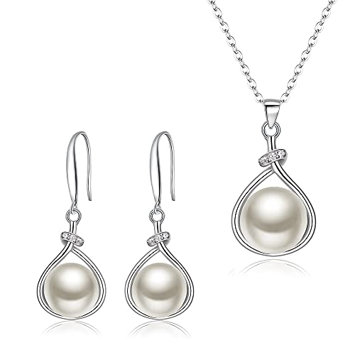 EleQueen 925 Sterling Silver CZ Freshwater Cultured Pearls Bridal Pendant Necklace Earrings Wedding Jewelry Sets, Valentine's Day/Mother's Day/Christmas Gift - style: Pearl Necklace Earrings Set