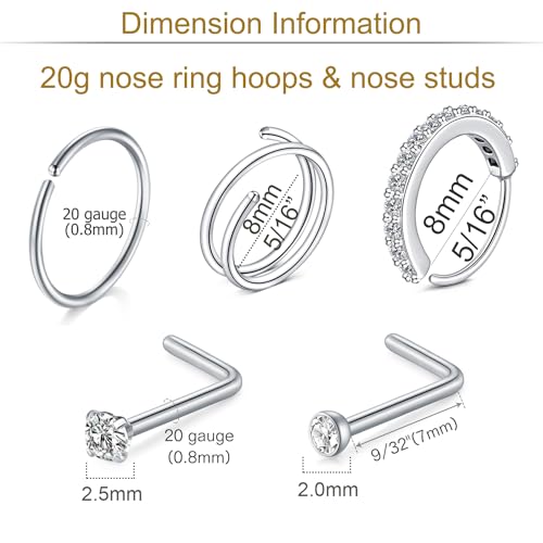 MODRSA 20g Nose Rings Hoops Nose Studs for Women Surgical Steel Hypoallergenic 20 Gauge Nostril Piercing Jewelry L Shape Crokscrew Silver Rose Gold Black Hoop Nostril Rings for Men - color: 11 - L Shape 20g - Silver