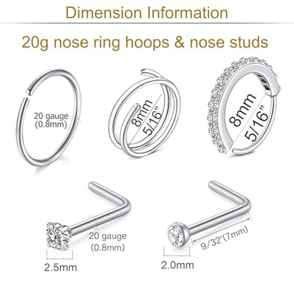 MODRSA 20g Nose Rings Hoops Nose Studs for Women Surgical Steel Hypoallergenic 20 Gauge Nostril Piercing Jewelry L Shape Crokscrew Silver Rose Gold Black Hoop Nostril Rings for Men - color: 11 - L Shape 20g - Silver