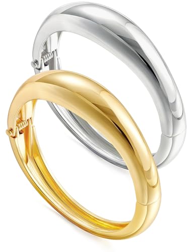 Chunky Gold Bangle Bracelets for Women, Dainty 14k Gold Plated Big Stackable Bangles Set, Trendy Statement Cuff Bracelet Stack Fashion Jewelry Gifts - style: 2 Silver & gold bangles
