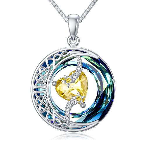 TOUPOP Birthstone Necklace Women Sterling Silver Moon Star Birthday Jewelry | Celtic Moon Pendant with Blue Crystal Anniversary Christmas Jewelry Gifts for Wife Mom Her - color: A-11-Citrine