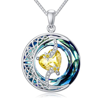 TOUPOP Birthstone Necklace Women Sterling Silver Moon Star Birthday Jewelry | Celtic Moon Pendant with Blue Crystal Anniversary Christmas Jewelry Gifts for Wife Mom Her - color: A-11-Citrine