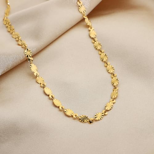 Gold Plated Stainless Steel Necklace Hypoallergenic Oval Petal Chain Link Choker Collar Charm Necklaces Classic Stylish Vintage Fashion Jewelry Valentine's Day Birthday Gift for Women