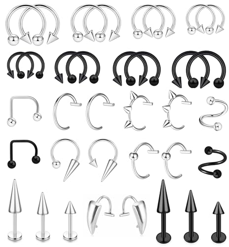 36Pcs 16G Stainless Steel Lip Rings for Women Men Snake Bite Piercing Labret Jewelry Monroe Barbell Spike Nose Stud