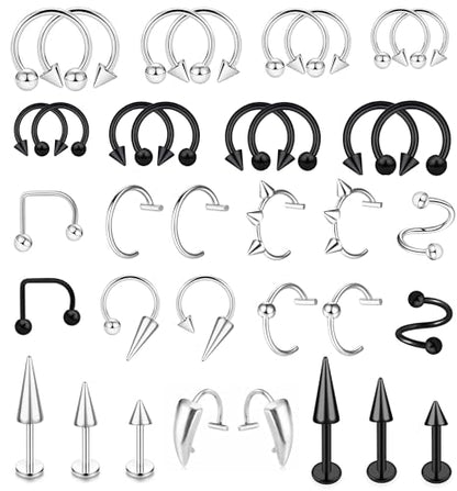 36Pcs 16G Stainless Steel Lip Rings for Women Men Snake Bite Piercing Labret Jewelry Monroe Barbell Spike Nose Stud