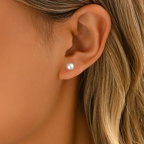 Pearl Stud Earrings for Women Gold/Silver Plated 3mm 4mm 5mm 6mm 8mm Pearl Earrings Dainty Hypoallergenic Earrings - color: Gold, size: 6 Millimeters