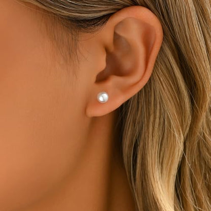Pearl Stud Earrings for Women Gold/Silver Plated 3mm 4mm 5mm 6mm 8mm Pearl Earrings Dainty Hypoallergenic Earrings - color: Gold, size: 6 Millimeters