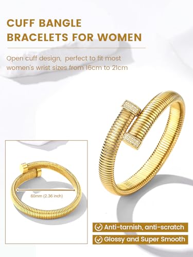 KeyStyle Bangle Bracelets For Women, Stainless Steel Stretch Bracelet Wide | 14K Gold/Rose Gold/Black/Silver Plated Flexible Wide Twisted Link Chain Wristband Jewelry, 10Mm, 16Mm, 20Mm - color: 10mm - CZ - Gold