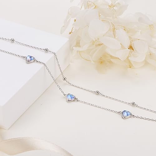Flyow Anklet for Women S925 Sterling Silver Adjustable Foot Beaded Heart Charm Ankle Bracelet Anklets Jewelry - style: heart moonstone