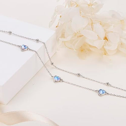 Flyow Anklet for Women S925 Sterling Silver Adjustable Foot Beaded Heart Charm Ankle Bracelet Anklets Jewelry - style: heart moonstone