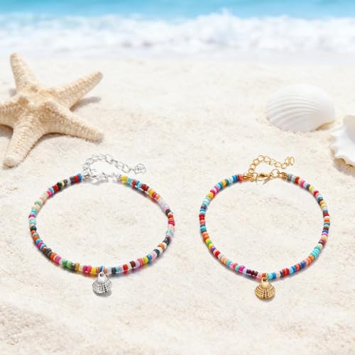 Starfish Shell Anklet Bracelets for Women, Boho Beaded Shell Anklet Set, Beach Vacation Foot Jewelry, Layered Summer Beachy Anklets - color: A4