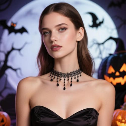 Gothic Necklace for Women Goth Lace Necklace Choker Halloween Witch Accessories Velvet Vampire Jewelry - color: Black