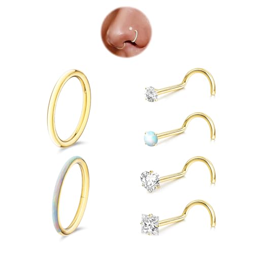 davka Nose Ring Set, 18G Hinged Hoop 8mm & 20G Nose Studs, Stainless Steel & Gold Plated, Hypoallergenic, Multiple Styles Nose Piercing Jewelry - color: Gold/White Opal/18g 8mm hoops/Corkscrew studs