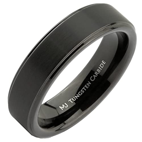 Tungsten Carbide Wedding Bands That Feature Different Finishes and Edge Colors - color: Black/Brushed-6mm