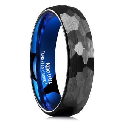 King Will Men's Tungsten Carbide Wedding Ring Hammered Groove Wedding Band Mens Two Tone Engagement Ring for Men and Women Matte Brushed Finish Comfort Fit - color: Black & Blue 6mm