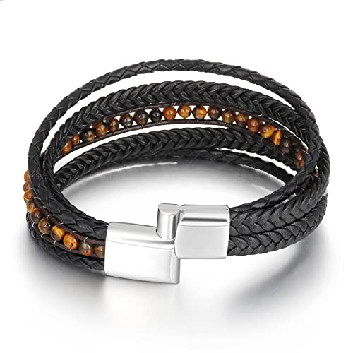 YGLINE Leather Wrap Bracelets for Women, Boho Multi-Layer Stone Beads Cuff Bracelet Jewelry - color: tiger eye